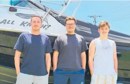  ?? ?? Max White (left), James Mcdonnell, and Tyler Taffs were fishing near Mayor Island when they came across a man who had been floating in the sea for 24 hours after falling off his boat.