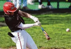  ?? Tyler Sizemore/Hearst Connecticu­t Media ?? New Canaan outfielder Alex Benevento gets a hit against Staples on Monday at Staples High School in Westport.