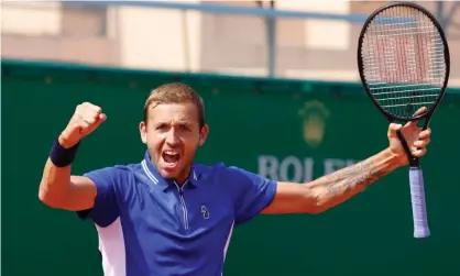  ??  ?? Britain’s Dan Evans celebrates winning his quarter-final match against Belgium’s David Goffin. Photograph: Eric Gaillard/Reuters