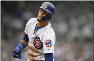  ?? PAUL BEATY - THE ASSOCIATED PRESS ?? Chicago Cubs’ Javier Baez reacts after being forced out at first base during the fifth inning of a baseball game against the Milwaukee Brewers, Sunday, Sept. 1, 2019, in Chicago.