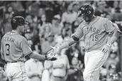  ??  ?? Astros center fielder Myles Straw (3) and Martín Maldonado celebrate in the fifth inning. Straw had an RBI single before Maldonado’s two-run homer.