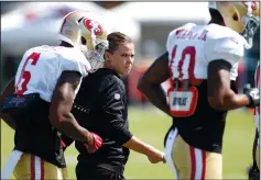  ?? KARL MONDON/TRIBUNE NEWS SERVICE ?? Katie Sowers, a coaching intern for the San Francisco 49ers, keeps an eye on training camp in Santa Clara on August 8.