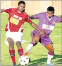  ?? Picture: BRIAN WITBOOI ?? FIGHTING FOR IT: Real City’s Apiwe Mambukwe, left, challenges Morning Stars’ Nkosinathi Speelmam during their ABC Motsepe League match at the Zwide Stadium