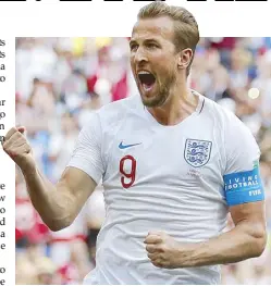  ?? AP ?? England’s man of the hour Harry Kane celebrates after he scored his side’s second goal during the Group G match against Panama at the 2018 soccer World Cup at the Nizhny Novgorod Stadium in Nizhny Novgorod, Russia.