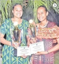  ?? Pictures: REINAL CHAND ?? 3. Principal’s Award recipients Peniana Qonitoga, right, (academic award) and Laniana Naihamu (sports sward) pose for a photo after the awards ceremony in Lautoka.