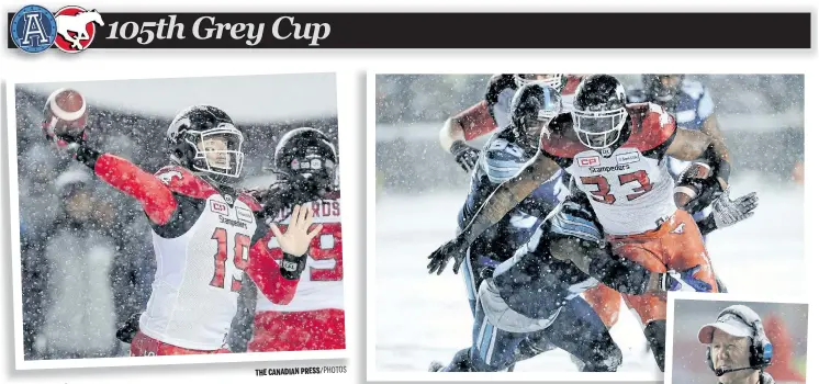  ?? THE CANADIAN PRESS/PHOTOS ?? From left: Stampeders quarterbac­k Bo Levi Mitchell throws against the Argos on Sunday; Jerome Messam (33) runs the ball for a touchdown; and head coach Dave Dickenson looks on during Calgary’s loss.