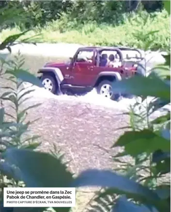  ?? PHOTO CAPTURE D’ÉCRAN, TVA NOUVELLES ?? Une jeep se promène dans la Zec Pabok de Chandler, en Gaspésie.