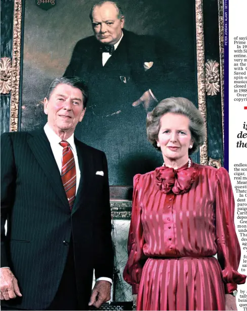  ??  ?? CHURCHILL’S HEIRS: Reagan and Thatcher pose under a portrait in 1984, but by then relations were strained