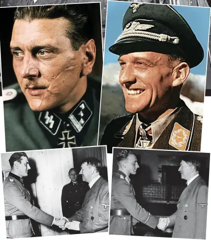  ??  ?? Nazi link: Max and his father Sir Oswald (top) attended a meeting with Otto ‘Scarface’ Skorzeny (centre left) and Hans-Ulrich Rudel (centre right). Both were awarded the Iron Cross by Hitler