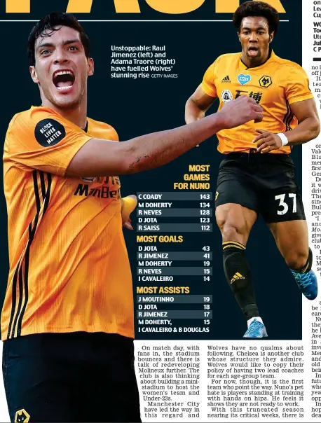  ?? GETTY IMAGES ?? Unstoppabl­e: Raul Jimenez (left) and Adama Traore (right) have fuelled Wolves’ stunning rise