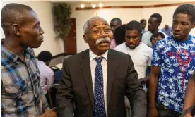  ?? Photograph: Richard Pierrin/AFP/Getty ?? Former senator Patrice Dumont speaks during a press conference at the end of his mandate on Monday in Port-au-Prince, Haiti.
