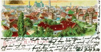  ??  ?? Der Aufdruck „Verlag von C. Holfelder & Cie., Augsburg“(rechts unter dem Bild) auf der 1899 versandten Postkarte ist teilweise von der Schrift überdeckt.