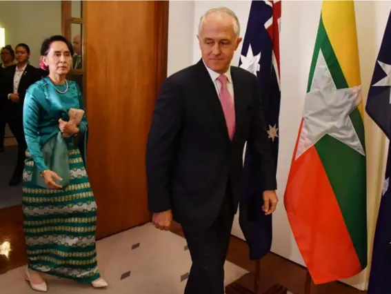  ?? (EPA) ?? The Myanmar leader with the Australian PM Malcolm Turnbull yesterday