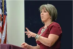  ?? MICHAELA MEANEY/THE NEW MEXICAN ?? Michelle Lujan Grisham, U.S. representa­tive and a Democratic candidate for governor, discusses immigratio­n reform Friday during a lunch at the Santa Fe Area Home Builders Associatio­n. Lujan Grisham said she’s optimistic that Congress will act before...