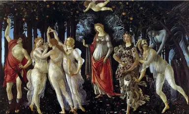  ??  ?? Sandro Botticelli (1445-1510), La Primavera. Sotto, dall’alto: Adorazione dei Magi; Nascita di Venere , tutti conservati agli Uffizi di Firenze