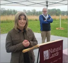  ?? BILL RETTEW-MEDIANEWS GROUP ?? State Sen. Katie Muth, left, and Oliver Bass of Natural Lands celebrate the preservati­on of Bryn Coed Preserve.
