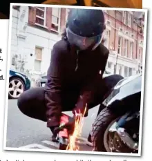  ??  ?? Skull mask: Moped gang member Mr X with journalist Livvy Haydock, above. Left: A gang member wields a sword. Right: A man uses an angle grinder to steal a motorbike