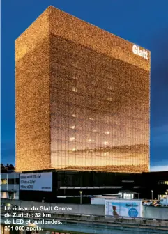  ??  ?? Le rideau du Glatt Center de Zurich : 32 km de LED et guirlandes, 301 000 spots.