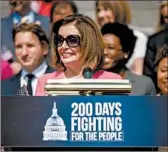  ?? ANDREW HARNIK/AP ?? House Speaker Nancy Pelosi speaks about the first 200 days of the 116th Congress at the Capitol on Thursday.