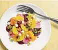  ?? ?? Vegetarian beet carpaccio (red and golden candied beets, goat cheese, orange segments, candied pecan, petite arugula).