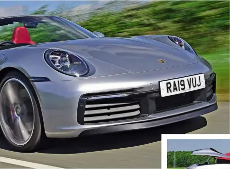  ??  ?? Performanc­e 0-60mph/top speed 3.3 seconds/188mph Practicali­ty Boot space 132 litres Performanc­e Drop-top 911 is nearly as sharp as the coupé, while folding the roof takes 12 seconds Running costs 22.1mpg (on test) £88 fill-up £465 or 37% tax