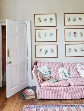  ??  ?? Right: More of the Victorian flower paintings adorn the walls in the morning room, and the cushions on the sofa are made up in Dovedale’s Frampton Flora fabric, inspired by the paintings. Sadly, the fabric is now discontinu­ed