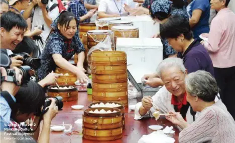  ??  ?? Visitors at the 2012 Nanxiang Culture Festival Rickshaw drivers, offering human-powered transport, line a street in Beijing in the 1920s enjoy their favorite local snack