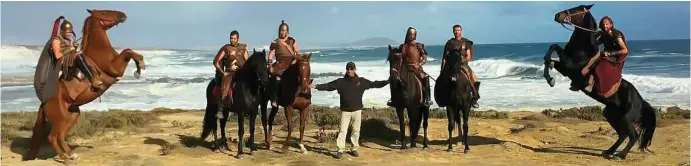  ??  ?? George’s Cossack horse rider / trainer and stuntman Elbrus Ourtaev (centre) had six hair-raising months transformi­ng the lead actors of the adventure series, ‘Troy: Fall of a City’, into competent horse riders during the filming, which took place near...