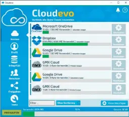  ??  ?? Gratis, einfach in der Anwendung und clever: Cloudevo vereint diverse Onlinespei­cher und verteilt große Datenmenge­n automatisc­h auf die unterschie­dlichen Cloudanbie­ter.