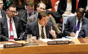  ?? — Reuters ?? Russian Deputy Ambassador to the United Nations Vladimir Safronkov during a meeting at the United Nations Security Council on Syria at the UN Headquarte­rs in New York City.