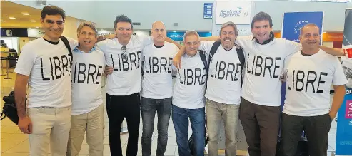  ?? COURTESY CECILIA PIEDRABUEN­A / THE ASSOCIATED PRESS ?? Hernan Ferruchi, from left, Alejandro Pagnucco, Ariel Erlij, Ivan Brajckovic, Juan Pablo Trevisan, Hernan Mendoza, Diego Angelini and Ariel Benvenuto gather for a group photo before their trip to New York City. Ferruchi, Pagnucco, Erlij, Mendoza and...