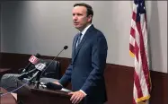  ?? Susan Haigh / Associated Press ?? U.S. Sen. Chris Murphy speaks during a news conference on Friday in Hartford. Murphy said White House officials told him on Thursday that President Donald Trump remains committed to working on expanded background checks legislatio­n for gun purchases.