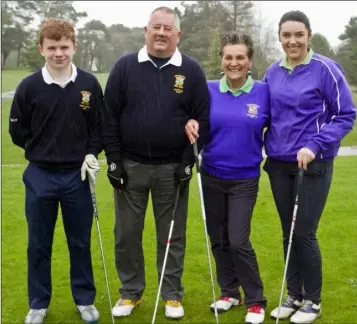  ??  ?? Lee Quigley (Junior boys’ Captain), Jack Murphy (Captain), Mary McCauley (lady Captain) and Aileen Brophy (Junior girls’ Captain) at the Enniscorth­y drive-in on Sunday.