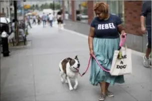  ?? MARY ALTAFFER — THE ASSOCIATED PRESS ?? Tanoopa Jaikaran walks with Mimosa, a 9-year old pit bull mix in the Tribeca neighborho­od of Manhattan. Jaikaran left a marketing job last year to start a dog-walking and pet-sitting business. In New York and elsewhere, pet-boarding rules have gotten...