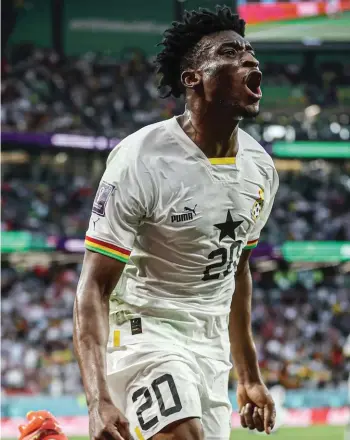  ?? ?? Ghana's Mohammed Kudus celebrates after scoring his side's third goal during the World Cup group H soccer match between South Korea and Ghana, at the Education City Stadium in Al Rayyan , Qatar, yesterday