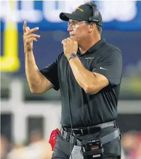  ?? STEW MILNE/AP ?? Washington Football Team head coach Ron Rivera reacts during the second half of a preseason game against the Patriots on Aug. 12 in Foxborough, Mass.