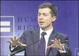  ?? Benjamin Hager Las Vegas Review-Journal ?? Democratic presidenti­al candidate Pete Buttigieg speaks Saturday at the Human Rights Campaign’s 14th annual gala.