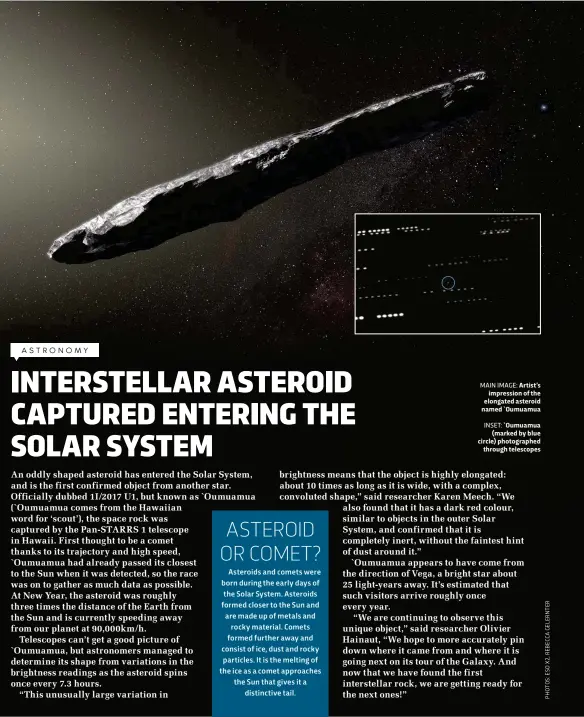  ??  ?? INSET: `Oumuamua (marked by blue circle) photograph­ed through telescopes MAIN IMAGE: Artist’s impression of the elongated asteroid named `Oumuamua