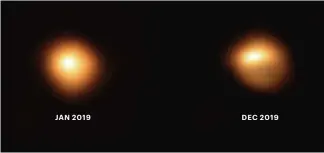  ??  ?? JAN 2019
DEC 2019
I januari 2019 lyste Betelgeuse normalstar­kt, men den tappade kraftigt i ljusstyrka i december 2019. Teleskopbi­lden visar att det var ena halvan som blev mörkare. Studierna pågår ännu, och forskarna hoppas att intresset kring händelsen ska leda till att de får mer teleskopti­d för att studera röda superjätta­r.