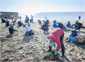  ?? LOIC VENANCE/AGENCE FRANCE-PRESSE ?? DOZENS of volunteers look for plastic beads, also called ‘mermaid’s tears,’ on a beach in Pornic, after a large quantity of them were washed ashore polluting the area in western France.