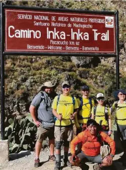  ?? Robert Harrington / Bella.Media ?? “One Step at a Time” captures the four-day Inca Trail hike by video producer Robert Harrington, from rear left, blind hiker Michael McCulloch and his guides Zach Cater-Cyker, Bernie Tretta and Janice Koppang with tour guide Juan Carlos Ccorimanya.