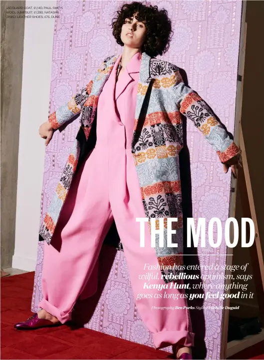  ??  ?? JACQUARD COAT, £1,140, PAUL SMITH. WOOL JUMPSUIT, £1,290, NATASHA ZINKO. LEATHER SHOES, £75, DUNE