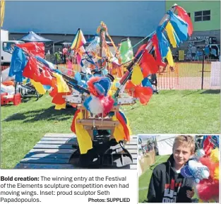  ?? Photos: SUPPLIED ?? Bold creation: The winning entry at the Festival of the Elements sculpture competitio­n even had moving wings. Inset: proud sculptor Seth Papadopoul­os.