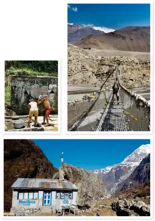  ??  ?? FULL OF SURPRISES (above, clockwise). Boys enjoying a splash at a communal tap in a town on the Annapurna Circuit. A suspension bridge like the one Louise is on is common along the routes. Stop for lunch or coffee at one of the small restaurant­s found between towns on the Langtang Trek.