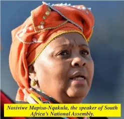  ?? ?? Nosiviwe Mapisa-Nqakula, the speaker of South Africa’s National Assembly.