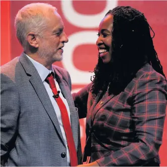  ?? PETER BYRNE ?? Labour leader Jeremy Corbyn is greeted on stage by the shadow minister for women and equalities, Dawn Butler MP, at Labour’s National Women’s Conference in Liverpool yesterday