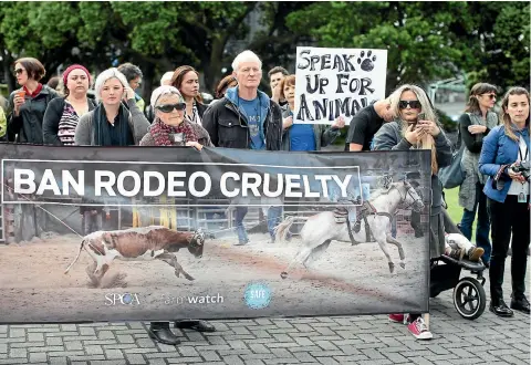  ??  ?? Protesters arrive at Parliament with a petition containing 63,000 signatures calling for a ban on rodeos.
PHOTO: FAIRFAX NZ