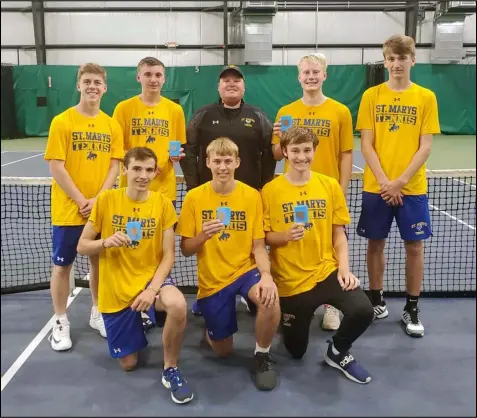  ?? Photo provided by Luke Gossard ?? Members of the St. Marys boys tennis team pose following the Western Buckeye League tournament on Friday. The Roughrider­s finished in third place.