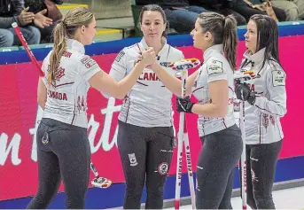  ?? JAMES DOYLE THE CANADIAN PRESS ?? The three-time reigning Canadian championsh­ip team of Briane Meilleur, left, Val Sweeting, Shannon Birchard and Kerri Einarson is the only rink in the women’s top five that will see its full lineup return in its current form.