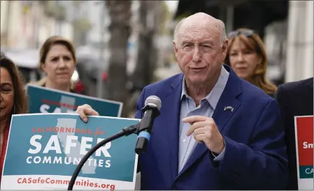  ?? RYAN SUN — THE ASSOCIATED PRESS ?? Santa Monica Mayor Phil Brock speaks Thursday at a Culver City news conference in support of a proposed ballot measure boosting some crime penalties.